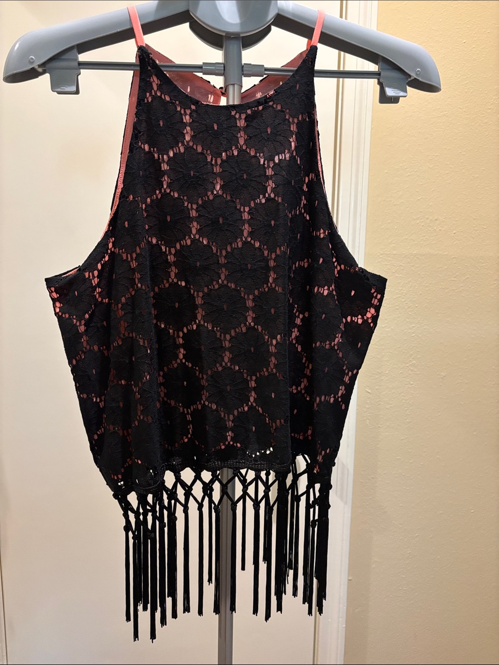 Black Crochet Fringe Tank with Pink Lining
